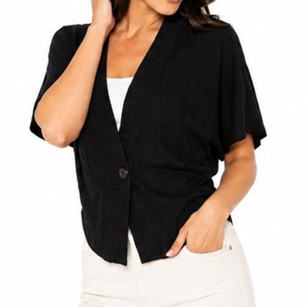 NWT OGL Pointelle Kimono Cropped One-Button Cardigan Sweater M Black Lightweight